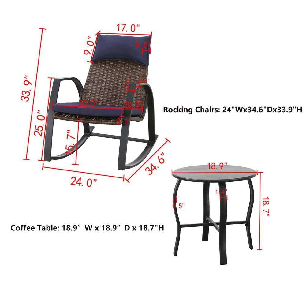 Modern Black Galvanized Steel Rocking Bistro Set with Blue Cushions