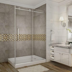 Moselle 48 in. x 77-1/2 in. Frameless Sliding Shower Door Enclosure in Stainless Steel with Right Drain Base