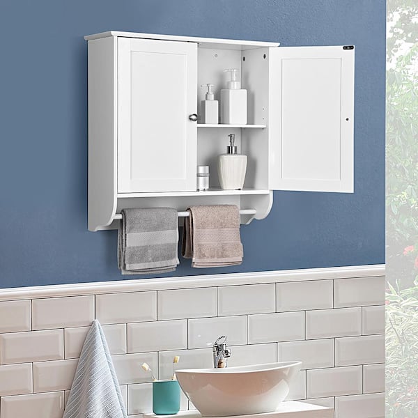 Costway 24 in. W x 24 in. H White Wall Surface Mounted Bathroom Medicine Cabinet without Mirror Storage Cupboard w/Towel Bar