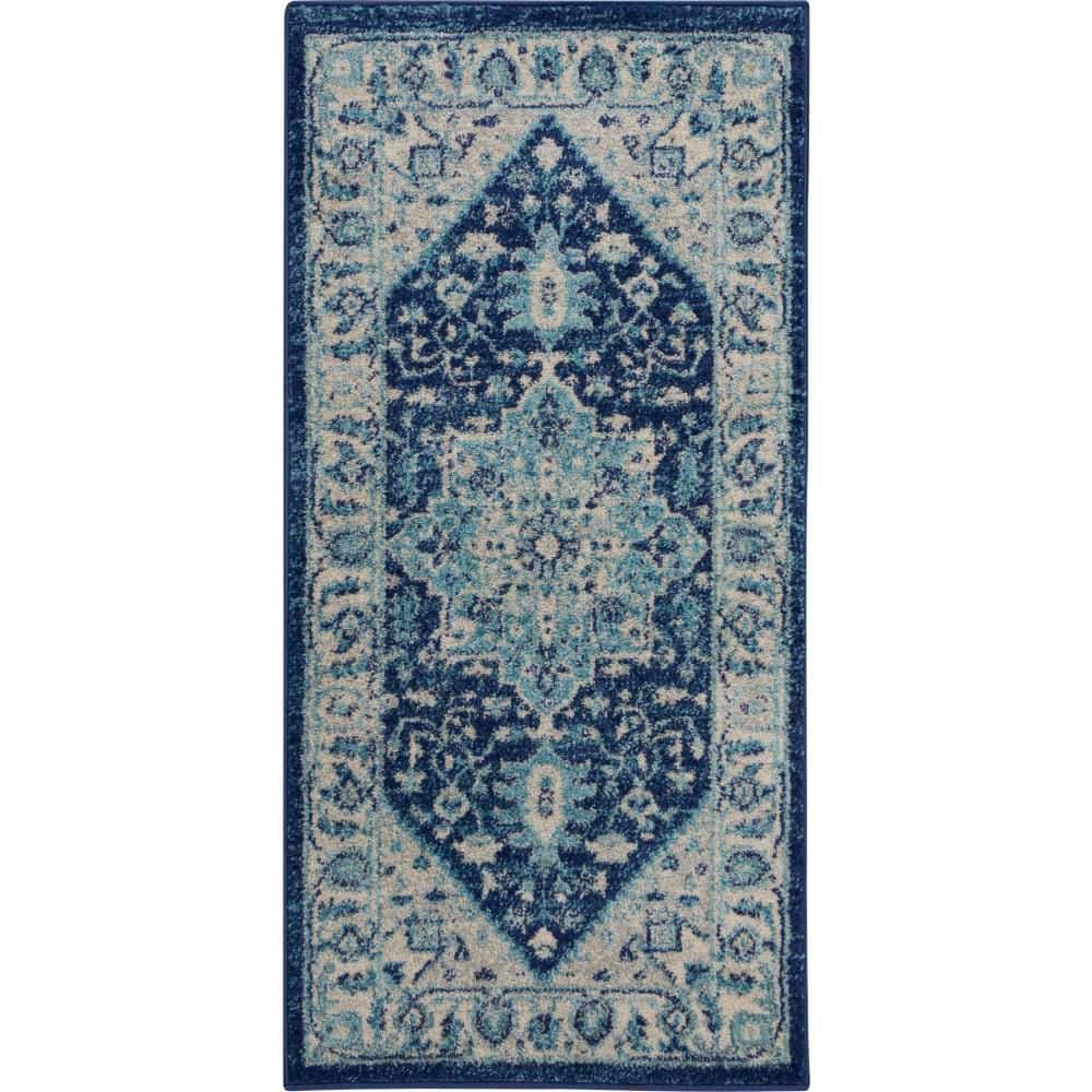 Ivory and Navy Synthetic 24'' Easy-Care Rectangular Area Rug