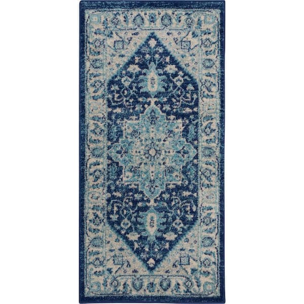 Nourison Tranquil Ivory/Navy doormat 2 ft. x 4 ft. Persian Vintage Kitchen Area Rug