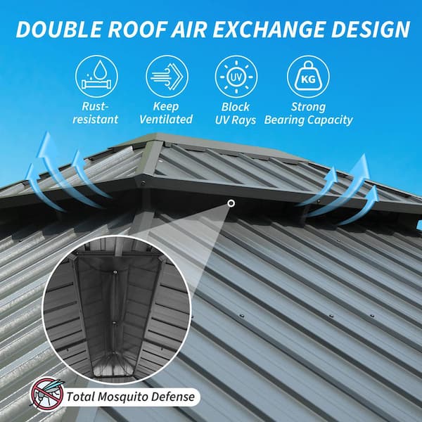 12 ft. x 14 ft. Gray Metal Galvanized Steel Roof Hardtop Gazebo with Curtains and Netting