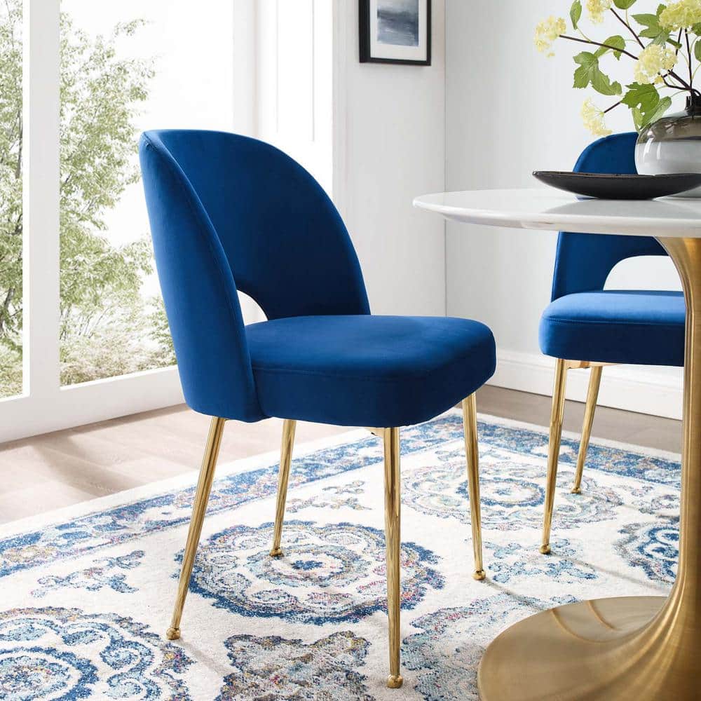 Navy Luxe Velvet and Gold Metal Mid-Century Side Chair