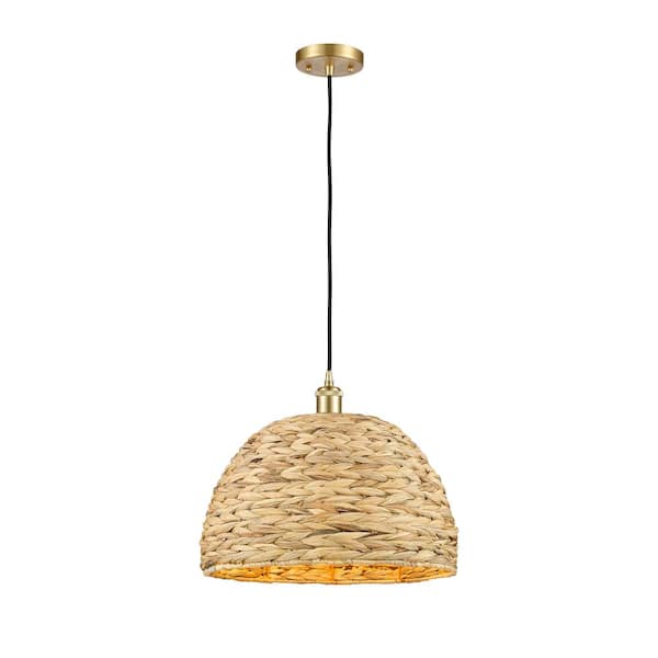 Innovations Woven Rattan 100-Watt 1-Light Satin Gold Shaded Mini Pendant Light with Rattan Shade
