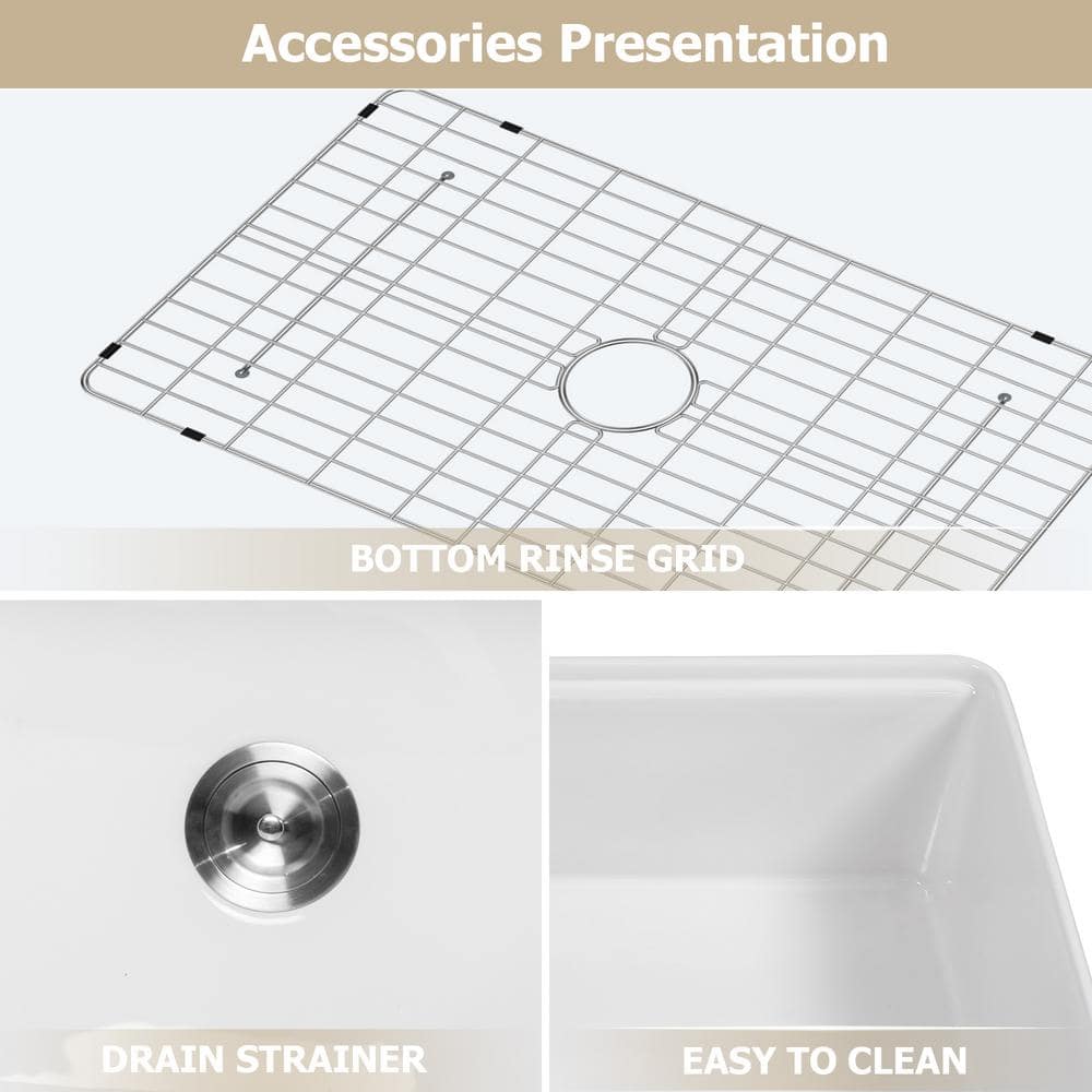 33'' White Ceramic Farmhouse Workstation Sink with Accessories