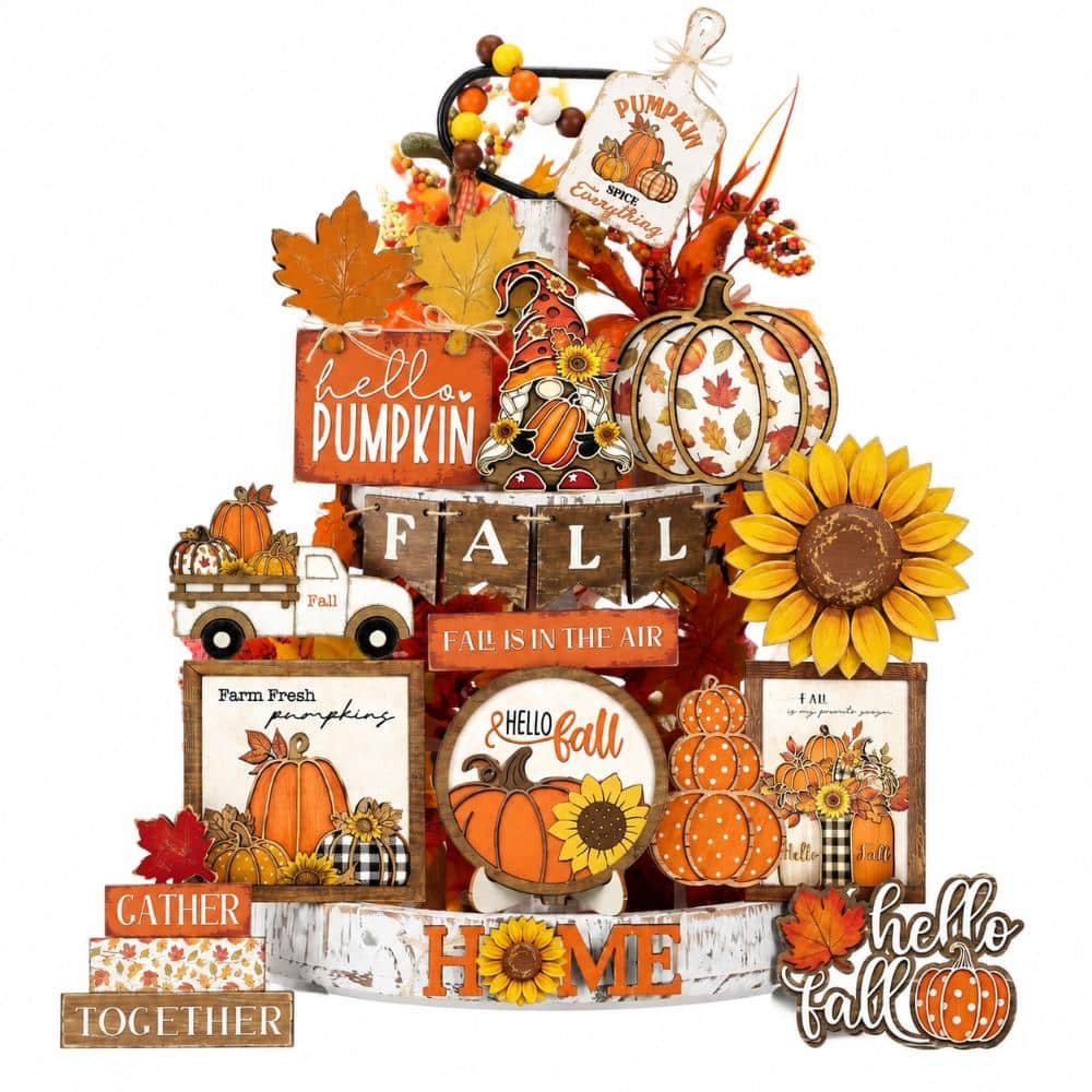 21-Piece Wooden Fall Tiered Tray Decor Set with Pumpkin, Gnome, Farm Truck and Bead Garland for Autumn Harvest Decor price history on PriceWatchPro
