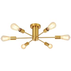 Theis 22 in. 6-Light Gold Semi Flush Mount Sputnik Chandelier Linear Ceiling Mount Light for Bedroom Room Dining Room