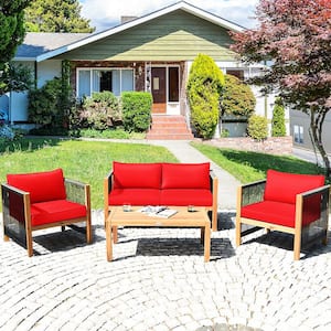 4-Piece Wood Outdoor Sectional Set with Cushionguard Red Cushions