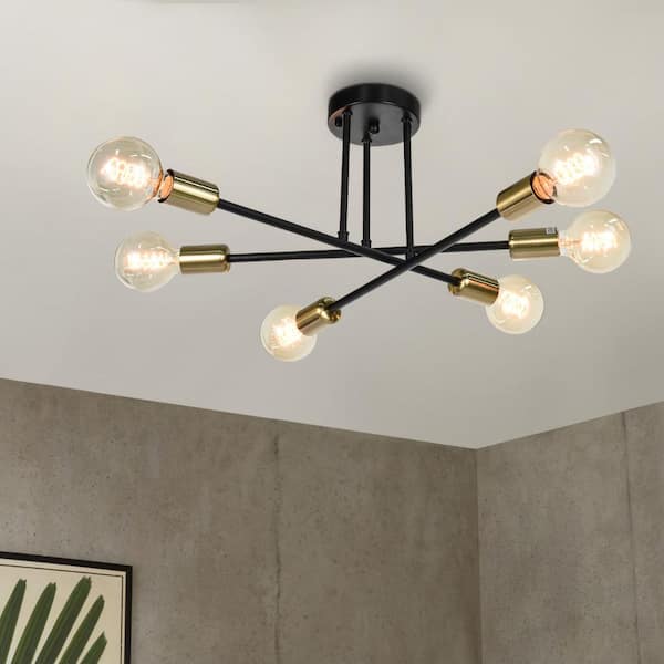 Rennnsan Sylvia 18.89 in. 6-Light Black with Gold Dimmable Sputnik Modern Linear Semi Flush Mount Light