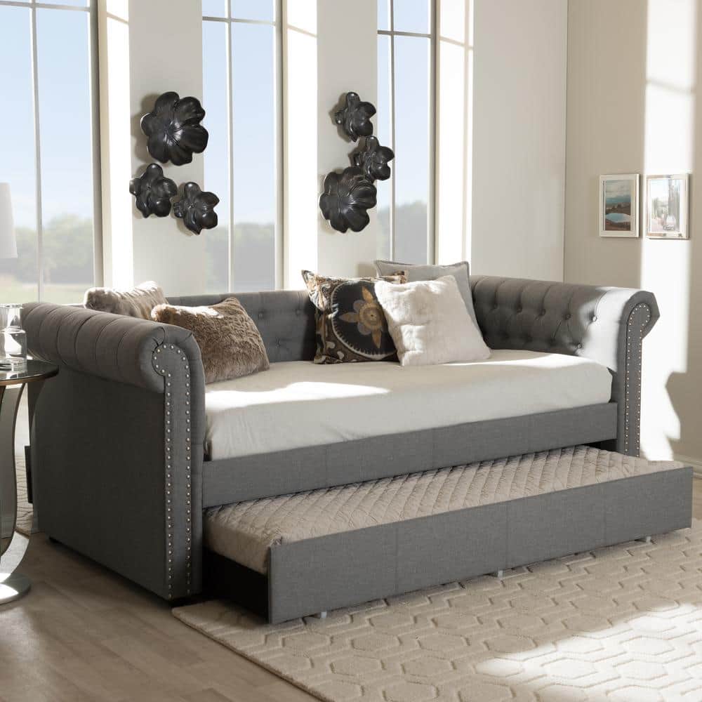 Gray Upholstered Twin Daybed with Trundle and Nailhead Trim