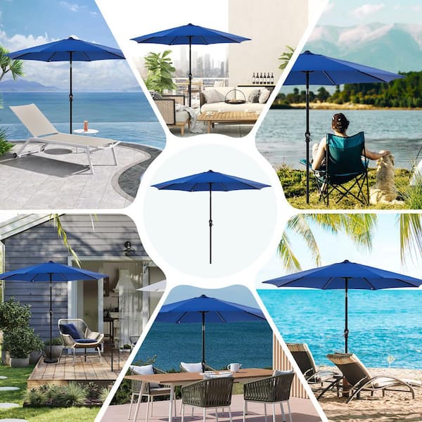 9 ft blue patio umbrella WESTLAKE Solar LED Umbrella, Beige coastal vibes to your backyard with this blue 9ft umbrella and weighted base Ainfox 9FT Outdoor Patio Umbrella