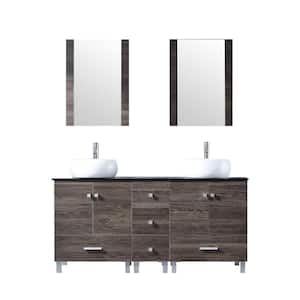 60 in. Brown Bathroom Vanity with Black Glass Top Ceramic Sink Modern Large Capacity Bathroom Vanity Combo with Mirror
