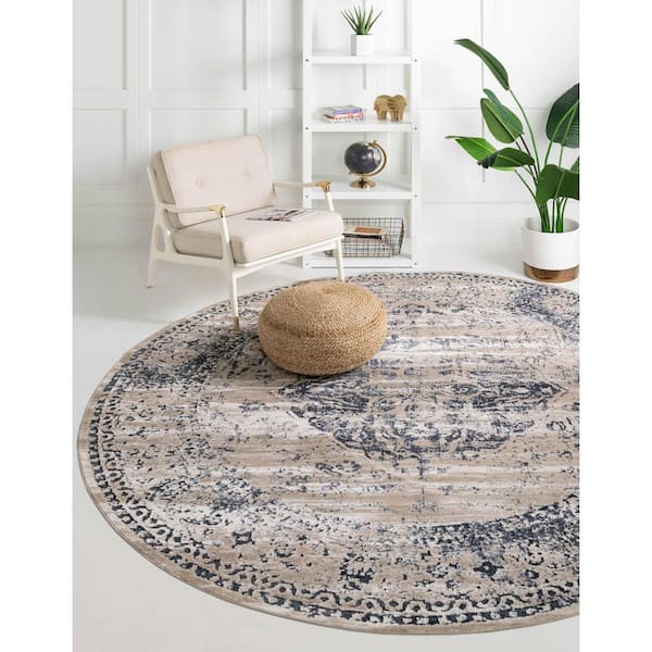 Chateau Collection Area Rug - Hoover (7 ft. 10 in. Round Dark Blue/Beige)