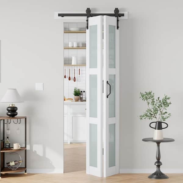 easelife 32 in. x 84 in. 3/4 Lite Frosted Glass Solid Core MDF White PVC Bi-Fold Door with Hardware