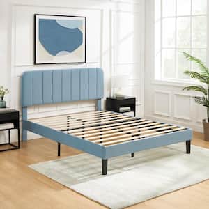 Upholstered Bed, Light Blue Queen Bed Platform BedFrame with Adjustable Headboard, Strong Wooden Slats Support Bed Frame