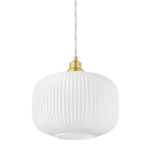 Caroline 100-Watt 1-Light Aged Brass Standard Mini Pendant Light with Opal Etched Ribbed Glass Shade No Bulbs Included