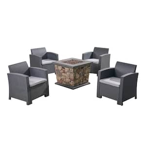 Caley 5-Piece Faux Wicker Patio Fire Pit Conversation Set with Light Grey Cushions