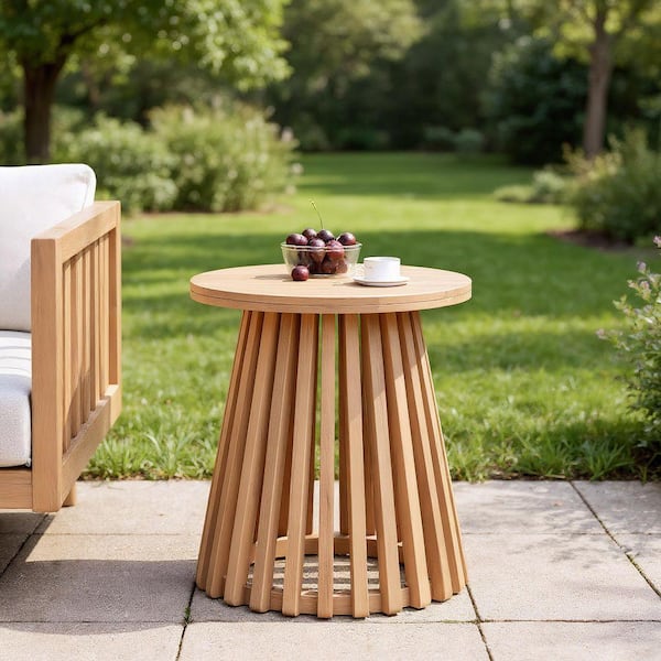LOUISE INC Light Teak Round Acacia Wood Outdoor Side Table​ HD
