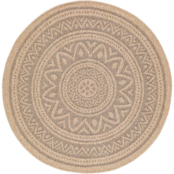 Encore Gray/Tan Cottage 3 ft. Round Indoor/Outdoor Area Rug