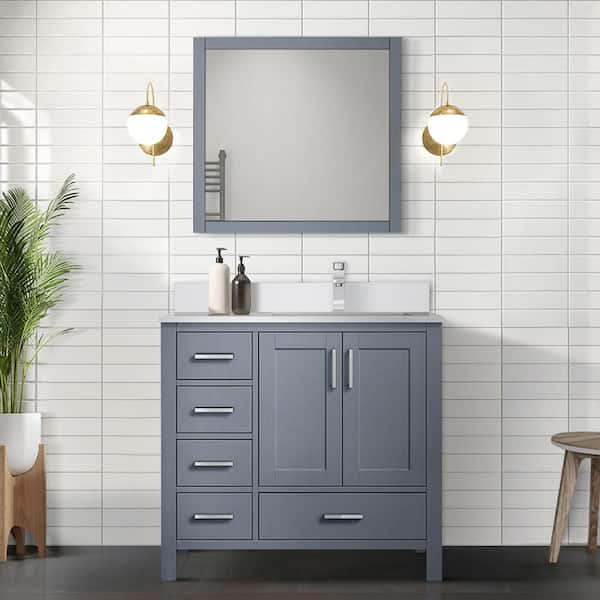Lexora Jacques 36 in. W x 22 in. D Right Offset Dark Grey Bath Vanity, White Quartz Top, Faucet Set, and 34 in. Mirror