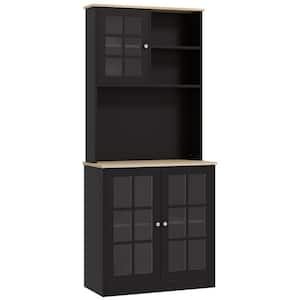 72 in. Black Freestanding Kitchen Pantry Storage Cabinet Hutch, Microwave Countertop, Glass Doors, Adjustable Shelves