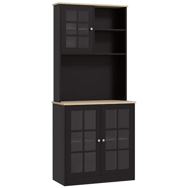 ANGELES HOME 72 in. Black Freestanding Kitchen Pantry Storage Cabinet Hutch, Microwave Countertop, Glass Doors, Adjustable Shelves