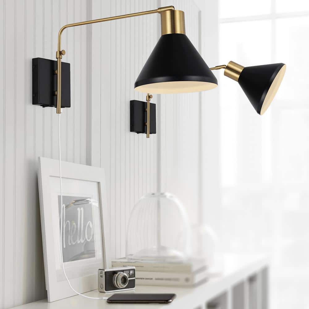 Max 20.5" Black and Brass Iron Swing Arm Wall Sconce