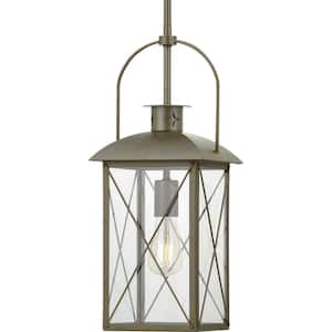 Woodcliff 1-Light Weathered Brass Outdoor Pendant Light with Clear Glass