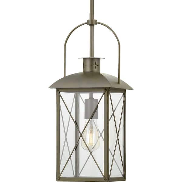 Progress Lighting Woodcliff 1-Light Weathered Brass Outdoor Pendant Light with Clear Glass