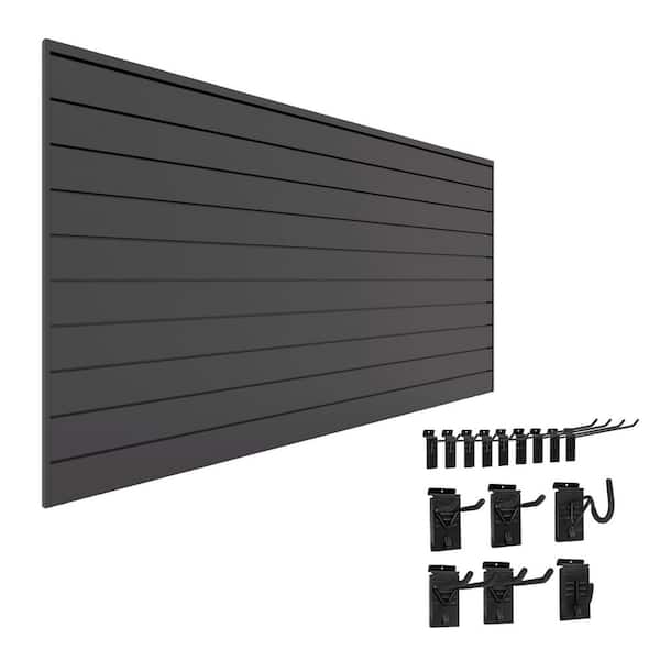 48 in. H x 96 in. W PVC Slatwall Kit with Basic Bundle in Charcoal (15-Piece)