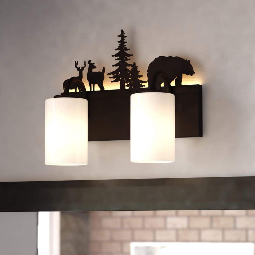 Acadia 14.5 in. Wide 2-Light Bronze Rustic Bathroom Vanity Light Fixture with Nightlight, Frosted White Glass price history on PriceWatchPro