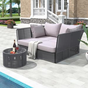 2-Piece Metal and PP Rope Outdoor Sunbed and Coffee Table Sectional, Patio Double Chaise Lounger with Grey Cushions