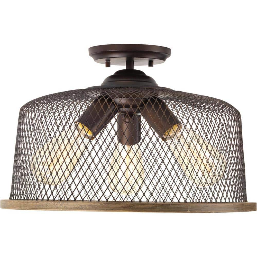 Artisan Rustic 16" Bronze and Glass Drum Semi-Flush Light