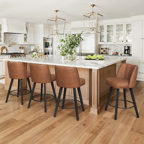 Paul 26 in. Brown Modern Faux Leather 360° Swivel High Back Barstool Solid Wood Counter Height stool (Set of 4)