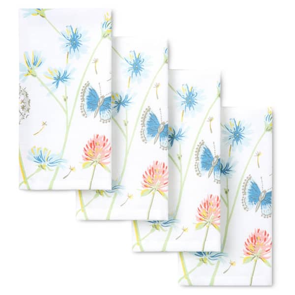Breezy Floral Cotton-Rich 19 in. x 19 in. White/Blue/Pink Napkins Set (4-Pack)