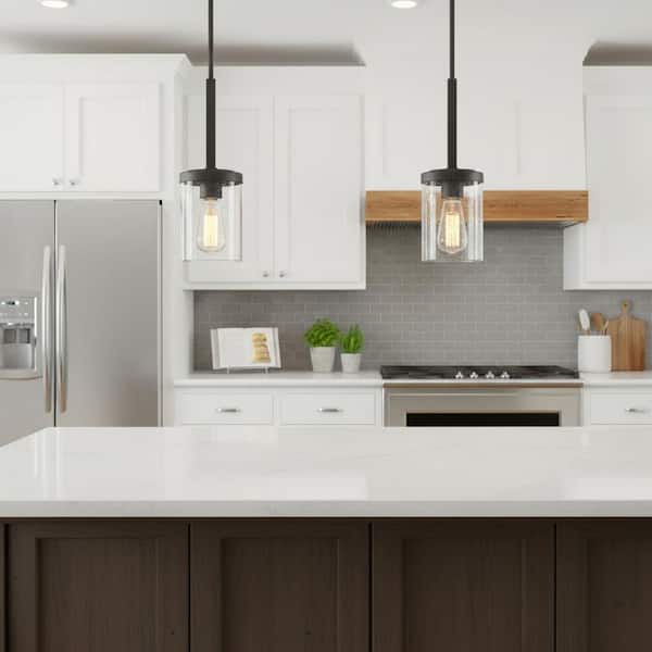 5 in. 1-Light Black Farmhouse Pendant Lights, Hanging Fixtures with Seeded Glass for Kitchen Island,2-Pack