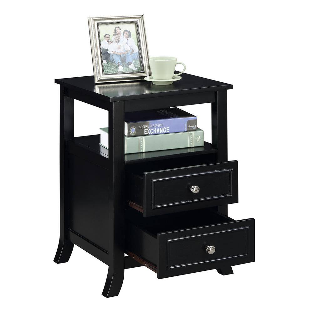 Black Wood End Table with Storage Drawers and Shelf