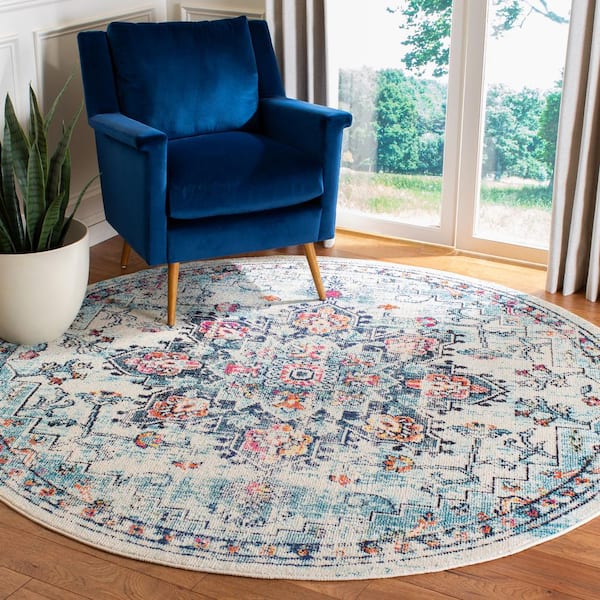 Madison Cream/Blue 7 ft. x 7 ft. Round Border Distressed Area Rug
