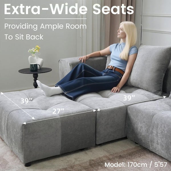 Minimalism 119 in. 3-Piece Linen Fabric Modular Sectional Sofa, Deep Seat Cloud Couch with Ottoman in. Gray for Office