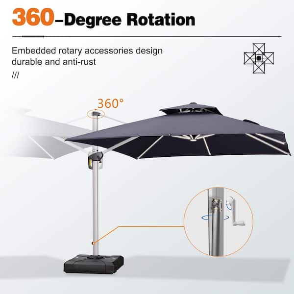 12 ft. Square High-Quality Aluminum 360 Rotation Cantilever Polyester Outdoor Patio Umbrella with Base, Gray