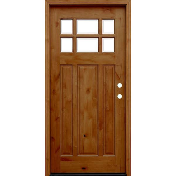 Pacific Entries 36 in. x 80 in. Craftsman Rustic 6 Lite Stained Knotty Alder Wood Prehung Front Door with 6 in. Wall Series