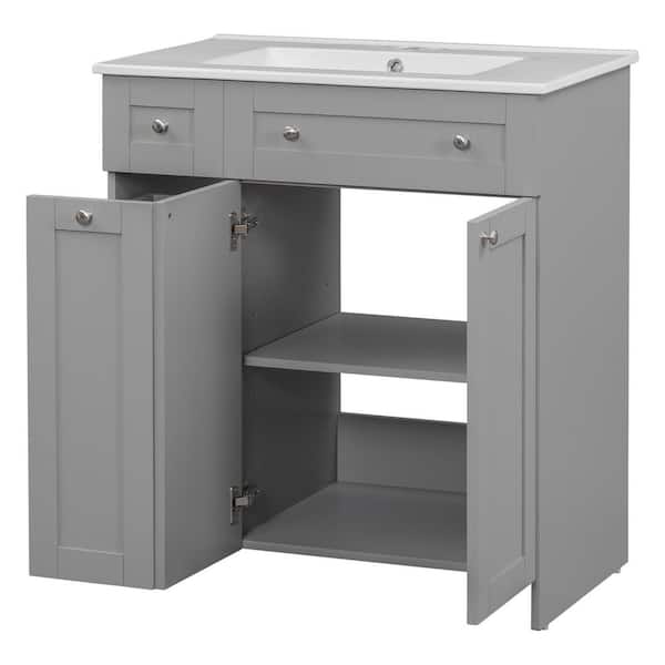30 in. Single Sink Elegant Gray Bath Vanity with White Ceramic Top, Double-Tier Deep Drawer