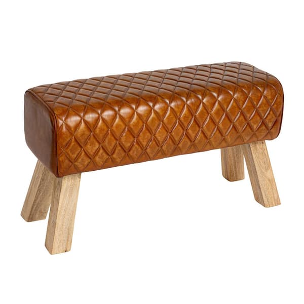 Storied Home Brown Stitched Leather and Wood Bench