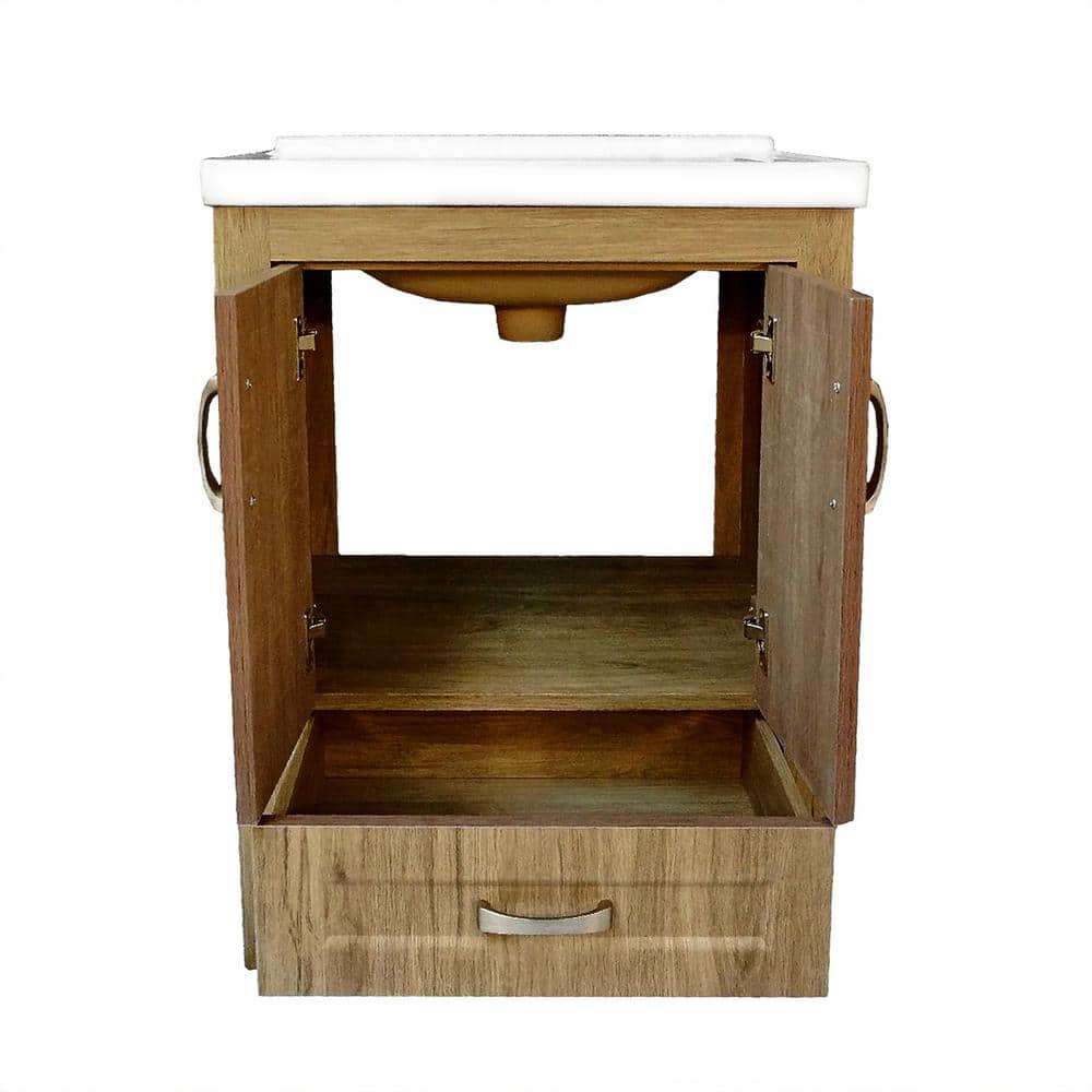 24'' Medium Brown PVC Freestanding Bathroom Vanity with Ceramic Top