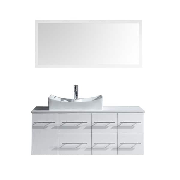 Virtu USA Ceanna 54 in. W Bath Vanity in White with Stone Vanity Top in White with Square Basin and Mirror