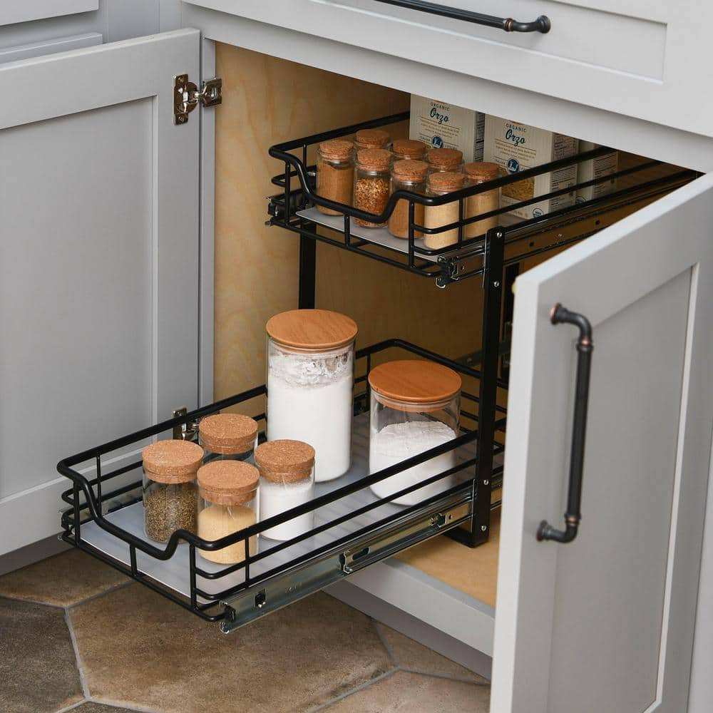Black Dual-Slide Steel 2-Tier Pull-Out Storage Organizer