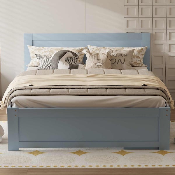 Gray Wood Frame Full Size Platform Bed with Drawer and 2-Shelves