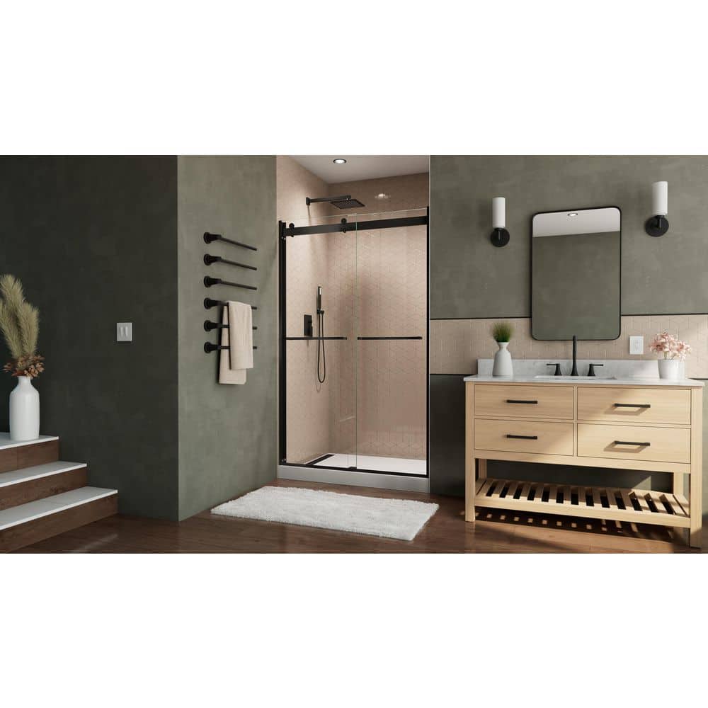 Matte Black Semi-Frameless Sliding Shower Door with Clear Glass