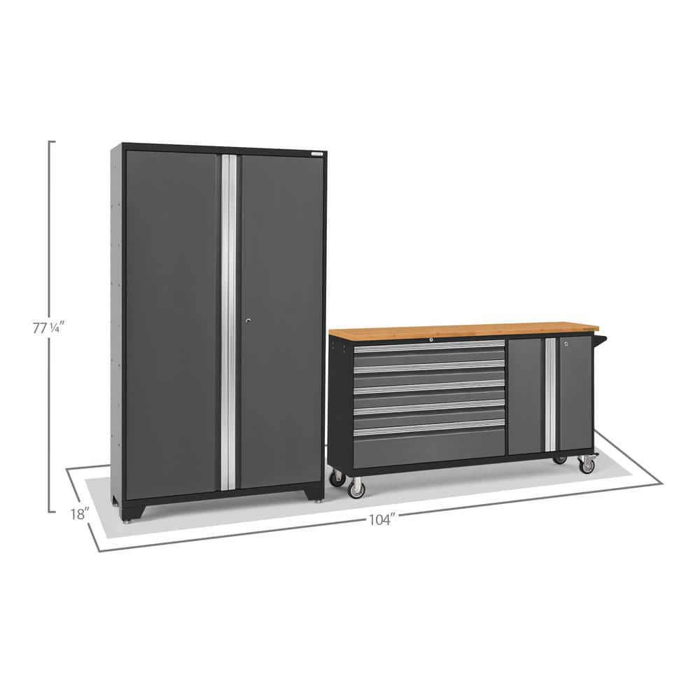 Gray Steel Lockable Garage Cabinet with Bamboo Worktop