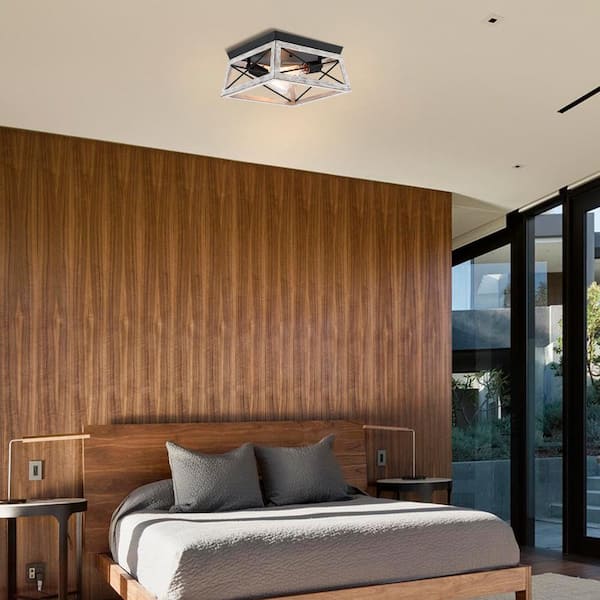 Hukoro Mousse 12 in. W 2-Light Flush Mount with Matte Black Finish and Oak Accents